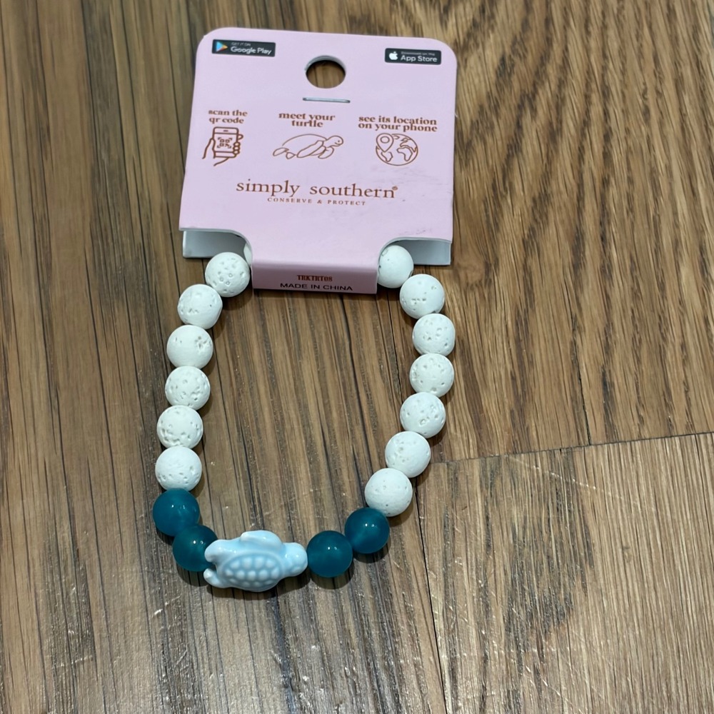 Simply Southern Conserve & Protect Turtle Tracking Lava Bead Bracelet White Teal